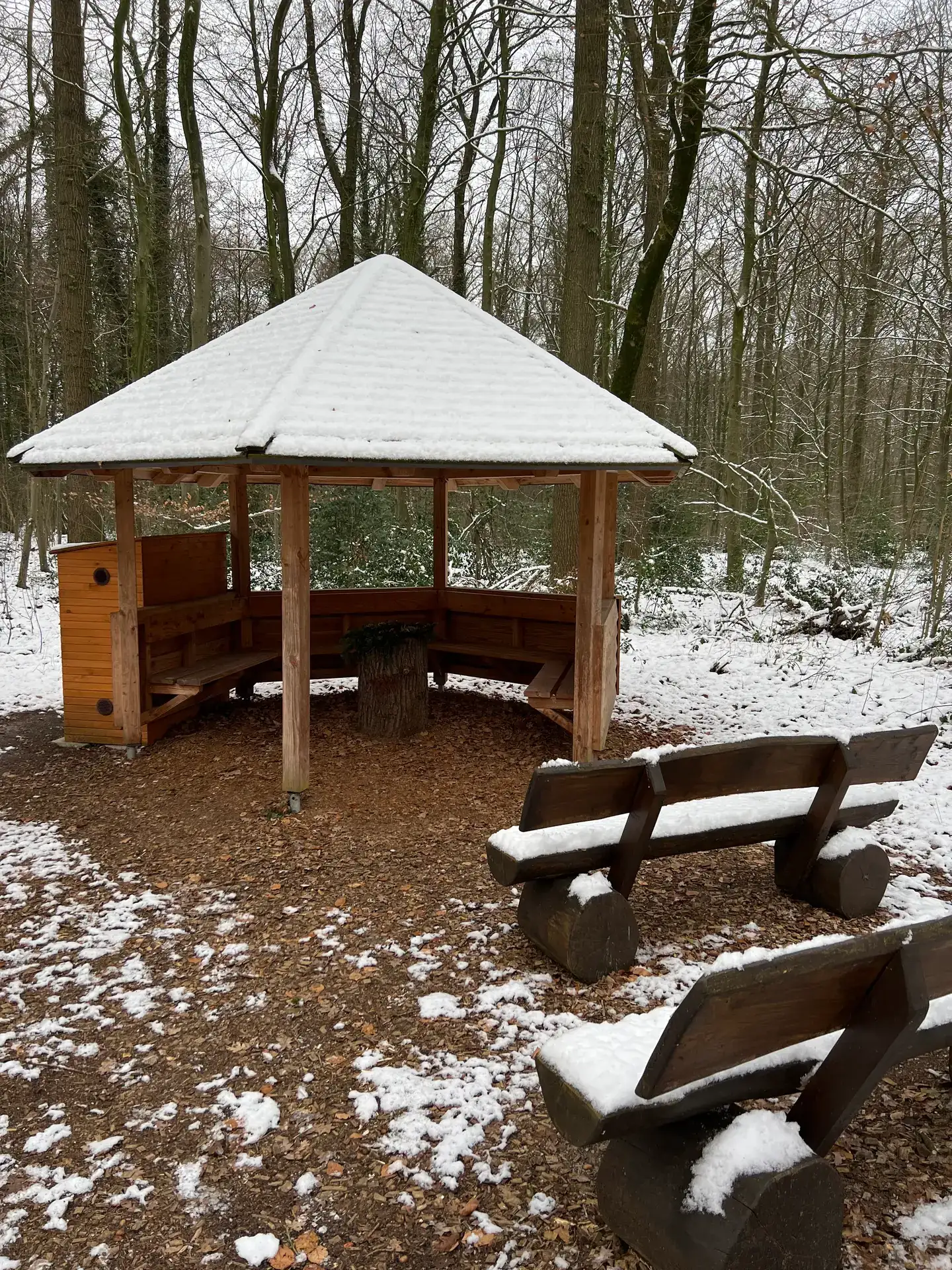 Andachtsplatz im FriedWald mit verschneitem Dach im Winter