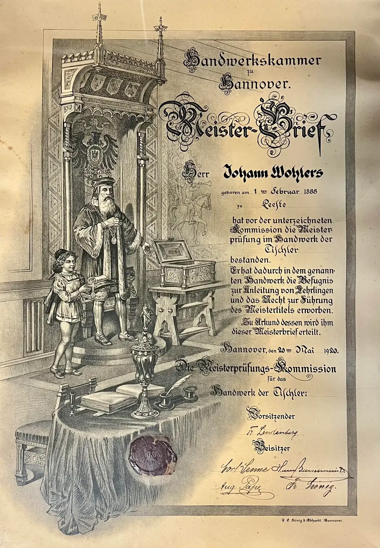Meisterbrief von 1920: Die Handwerkskammer zu Hannover bescheinigt Johann Wohlers die bestandene Meisterprüfung im Tischlerhandwerk